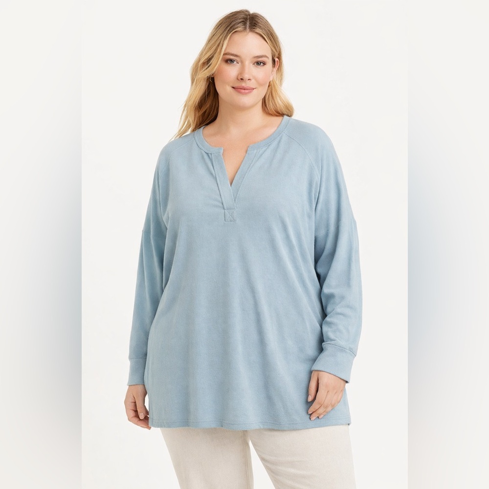 Lou & Grey Terry Split Neck Tunic Pullover Top Dusty Blue XL NWT